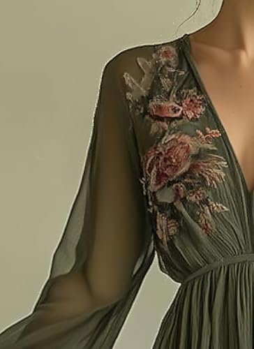 Womens Green Tulle Floral Beach Cover Up Sundresses with Belt Long Sleeves V Neck Summer Ruffle Tiered Dresses4