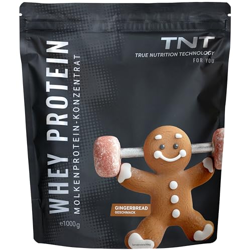 TNT Whey Protein Pulver, 1kg, Gingerbread • Eiweißpulver Konzentrat mit Laktase • Ideal zum Muskelaufbau und -erhalt • Mit EAAs und BCAAs (Verpackung kann variieren)