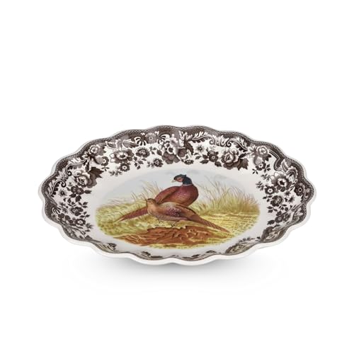 Spode Woodland Oval Fluted Dish with Pheasant Design | 14.5 Inch Large Serving Platter | Serving Tray for Events, Dinner Parties, and Thanksgiving | Microwave and Dishwasher Safe
