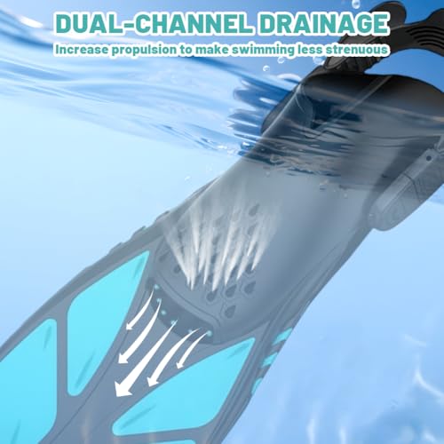 Aletas de natación para adultos, unisex, aletas ajustables con talón abierto, aletas de buceo cortas y antideslizantes para esnórquel, buceo y natación (cian, L/XL 27-31 cm) - imagen 4