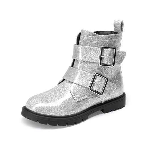 Dream Pairs Girls Boys Glitter Ankle Boots Side Zipper Combat Shoes With Buckles Toddler/Little Kid/Big Kid,Size 11 Little Kid,Silver,Sdbo2415K cover