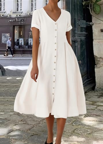 Image of chouyatou Women's Summer Fit and Flare Swing Cotton Dress Casual V-Neck Button Down Beach Midi Dress
