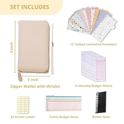 Image of Three Way Cut Cash Envelope Wallet Beige All in One Budget System RFID Blocking with 12x Tabbed Envelopes 12x Monthly Budget Cards 1x Yearly Budget Planner Sheet Complete Money Organizer Set