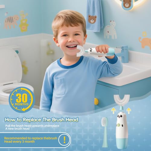 Image of Kids U-Shaped Electric Toothbrush with 2 Brush Heads, Toddlers Sonic with 360 Degree Cleaning, Soft Bristles, Battery Included, IPX7 Waterproof, Cute cartoon for Girls and Boys, Ages 8-13 (Blue)