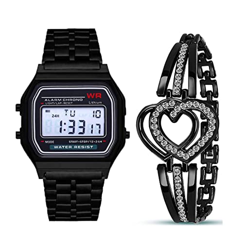 Image of GOLDENIZE FASHION Casual Branded Digital Multifunctional Grey Dial Girl's & Women's Stainless Steel Vintage Dial Watch with Gift Bracelet for Women Or Girls Combo of 3 (A-158WA-1Q)