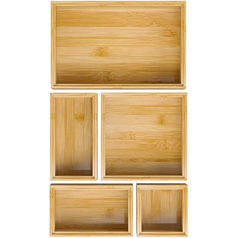 Bamboo Bathroom Drawer Organizer Dividers, Wooden Kitchen Utensil Holder Set of 5, Stackable Junk Drawer Organizer Tray, Multi-Use Storage Bins Boxs for Home, Office, Clothing, Makeup, Jewelry Cover