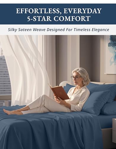 Image of LANE LINEN Full XL Sheets Set 100% Egyptian Cotton Sateen - Estate Blue | Cotton Bed Sheets Full - 4-Piece Set, For A Luxurious Night's Sleep, For Guests And Everyday Use, Luxe Sheen, Plush