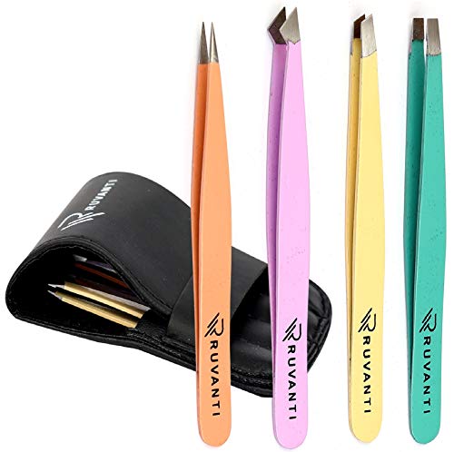 Ruvanti Tweezers 4 Pieces Set for Men/Women - Best for Plucking Eyebrow Facial & Ingrown Hairs, Slant Tip Pointed Straight & Precise - Multi Color