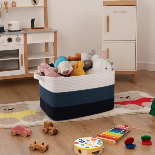Image of OIAHOMY Blanket Basket, Rectangle Woven Baskets, Nursery Blanket Storage Living Room, Toy Storage With Handle, Large Baskets for Organizing-17.7 inchx13.8 inchx11 inch-Gradient Blue