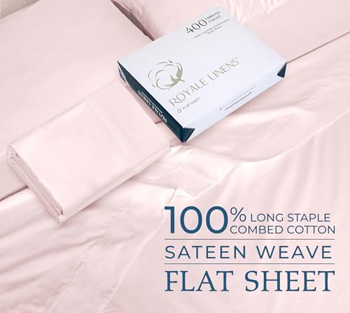 Image of Royale Linen 400 Thread Count 100% Cotton Flat Sheets Only - Cooling Sheets - Twin Flat Sheets Only Sold Separately - Luxury Sateen Weave - Breathable & Super Soft Top Sheet Only (Twin, Kyoto Blush)
