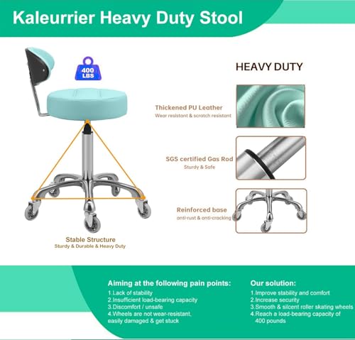 Image of Kaleurrier Rolling Stool with Back Support: Adjustable Height 22-30 inches for Nail Lash Tech Stylist - Heavy Duty Stool Chair with Wheels for Salon Shop Office Kitchen Garage Workshop