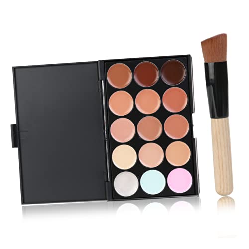 FRCOLOR Travel Size 15 Colors Face Powder Set Concealer Brush Cover Cream Concealer Palette