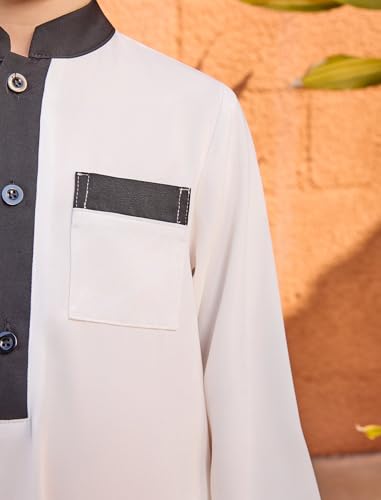 Image of OBEEII Boy's Muslim Arab Solid Color Thobe Long Sleeve Kaftan Embroidered Robe Islamic Arabic Abaya Thobe