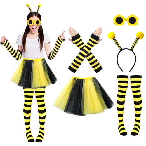 Camptrip 5 Stück Bienenkostüm Erwachsene mit Bienenstirnband Tüllrock Gestreifte Socken Lange Handschuhe Bienenbrille Bienenkostüm Damen für Halloween Kleid Cosplay Party