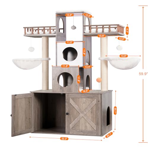 Heybly Cat Tree with Litter Box Enclosure for Indoor Big Cat, Cat Tower for Large Cats 20 lbs Heavy Duty, Modern Cat Condo Furniture with Scratching Posts, Rustic Gray HCT110SG - Thumbnail 3