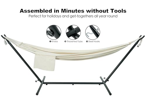 Image of GAFETE Double Hammock with Stand for Outside, Upgraded Spreader Bar, Heavy Duty Space Saving Steel Stand 2 Person, Convenient Pocket, Easy Assembly, 600lbs Weight Capacity, Indoor & Outdoor (Natural