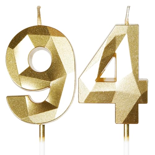 Bougies d'Anniversaire 94 Ans Dorées - Numéro 94 Or - Bougies Dorées pour Gâteau - Décoration de Fête Brillante - Anniversaire, Mariage, Fête, Cérémonie