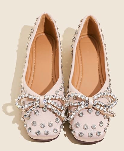 Rhinestone Bow Flats for Women Casual Square Toe Flat Shoes Comfortable Ballet Flats Shoes Dressy Outdoor Mary Jane Shoe 20254