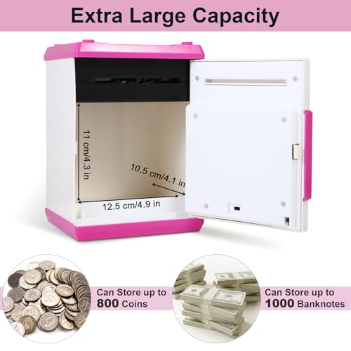 Pup Go Digital ATM Money Box for Kids Ages 3-12, Electronic Piggy Bank with Password Lock, Auto Scoll Cash Paper Savings Box, Safe Can for Coins & Bills, for Girls (Pink)