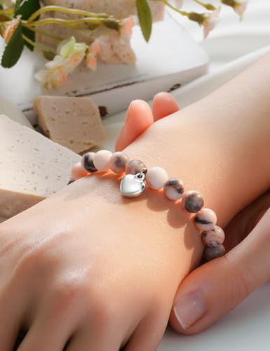HGDEER 100% Natural Stone Adjustable Bracelets, Pink Zebra Jasper Heart Charm Jewelry, Trendy Birthday Teen Girl Gift Ideas with Quote Card & Gift Pouch2