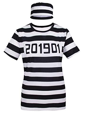 Funny World Women's Prisoner Costume Striped T-Shirts with Hat (M)