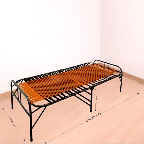 Image of Casa Copenhagen, Portable Single Folding Bed Heavy Duty Metal Cot Khat for Sleeping Bed Space Saving Design Sturdy Synthetic Niwar feet - Orange & Jet Black