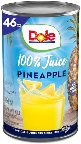 Dole 100% Pineapple Juice, No Added Sugar, Excellent Source of Vitamin C, 100% Fruit Juice, 46 Fl Oz Can, Packaging May Vary