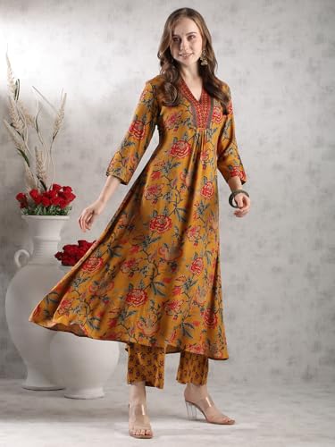 Image of GoSriKi Women's Rayon Viscose Anarkali Printed Kurta with Palazzo & Dupatta
