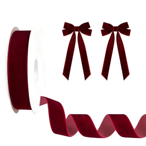 DYSWTUE Red Velvet Ribbon 20 MM Wide 10 Yards Single Sided Luxurious Soft Burgundy Ribbon for Christmas Tree Decoration Hair Accessories Red Bow Making and Gift Packaging