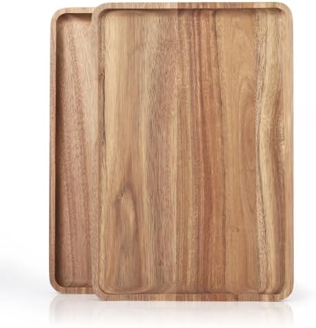 2 PCS Solid Acacia Wood Serving Trays 13 * 9 inch Rectangular Woo...