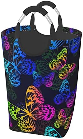 BOKEKANG Large Laundry Basket,Blue Abstract Flying Multicolored Butterflies On Black Animals Wildlife Butterfly Pink Beautiful,Laundry Hamper Collapsible Organizer Bin with Handles Dirty Basket