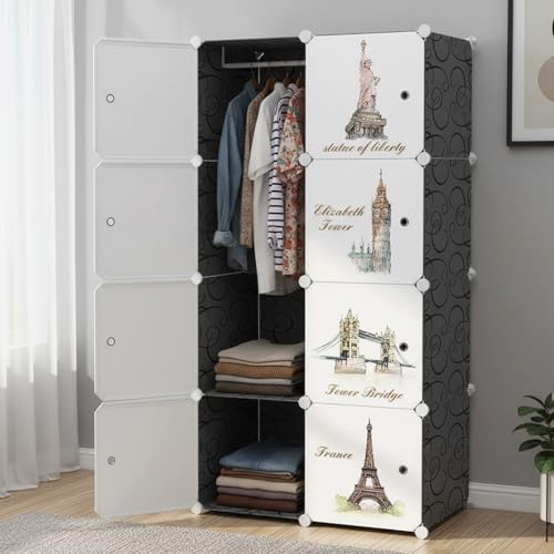 Image of Owme Closet for Clothe DIY Plastic Rack - Side Hanger, Storage for Home | with Mist Humidifier with Remote Controller, Shelf Storage Cabinet Stand, Auto Open & Close for Rain and Sun (Black, 8 Door)