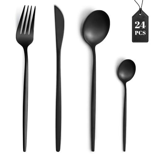 Besteck Set,24 teilig Besteck Set, Besteck Set für 6 Personen, Besteckset aus Edelstahl, Besteck mit Messer, Gabel, Löffel, Besteck Schwarz Matt,...