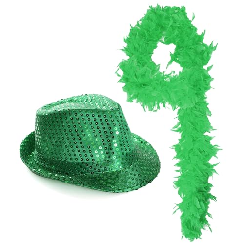 Grüner Pailletten-Trilby-Hut und Federboa – grüner Pailletten-Trilby-Hut und grüne Federboa – perfekt für St. Patrick's Day und andere...