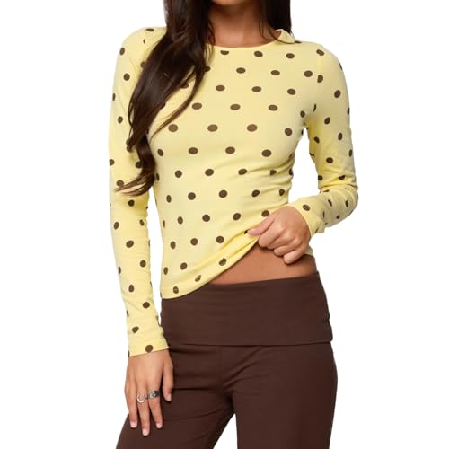 Long Sleeve Tops for Women Casual Polka Dots Crew Neck Tee Top Trendy Shirt Going Out Streetwear 2025 Fall Clothes (C-Yellow S)