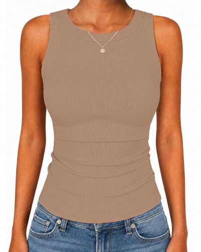 Ribbed Tank Tops High Neck Racerback Slim Fit 6 ribbed tank tops - khaki