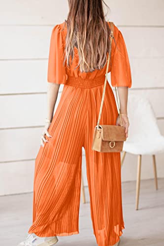 Prettygarden Women's Jumpsuits Casual Wrap V Neck Ruffle Sleeve Wide Leg Flowy Romper One Piece Summer Outfits (Orange Red,Large) #TOP3