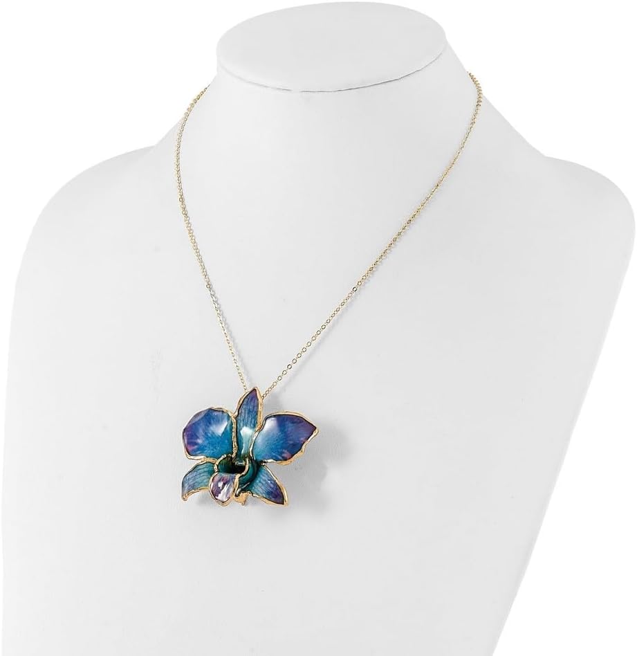 24K Gold-trim Lacquer Dipped Blue/Purple Dendrobium Orchid Necklace