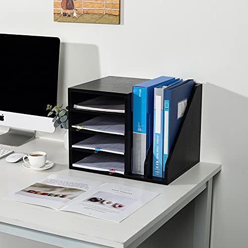 EasyPAG Wood Desktop 4 Tier in Tray A4 File Holder Magazine Organiser Paper Storage Office Desk Tidy Filing Rack,Black,390x309x300mm