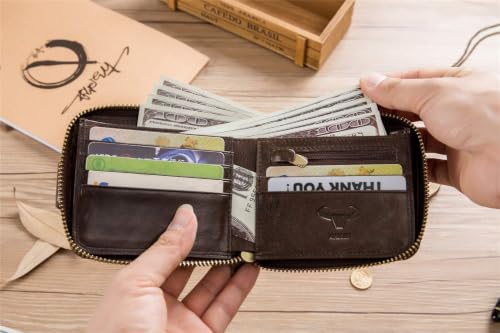 Image of BAIGIO RFID Men Leather Zipper Wallet Zip Around Wallet Bifold Multi Card Holder Purse (Brown)