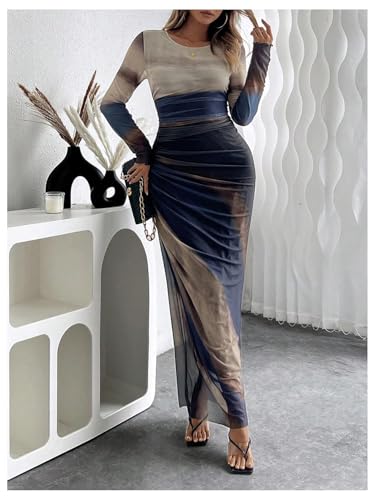 Image of Womens Long Sleeve Maxi Dress Mesh Bodycon Spring Fall Formal Wedding Guest | Tie Dye Ruched Night Out Cocktail Party Long Dresses