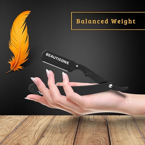 Image of BEAUTICONE Straight Razors for Men, Straight Edge Razor, Single Edge Replacement Blades, Stainless Steel, Barber Razor for Men's Shaving, Barber Shaving Knife (Premium All Black)