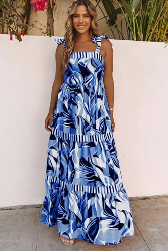 Image of AlvaQ Women's 2025 Summer Sleeveless Floral Print Maxi Dress Strap Square Neck Beach Sun Dress
