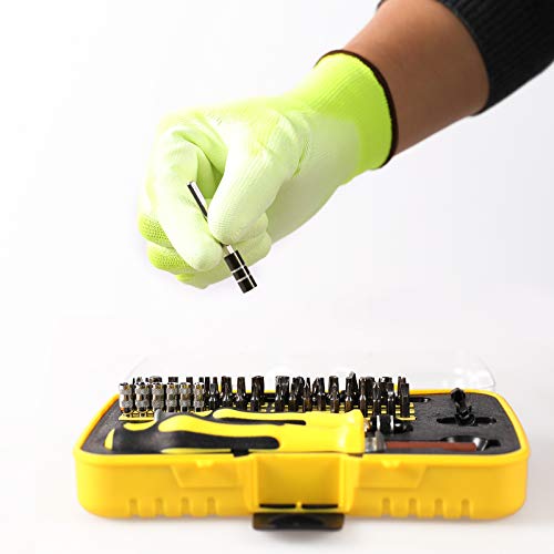 Image of COOLJOB 12 /60 Pairs Safety Work Gloves Pack Bulk with Grip PU Coating, 13 Gauge Seamless Knit Gloves with Polyurethane Dipped for Warehouse Working, Breathable Lightweight for Men Women, Yellow Large