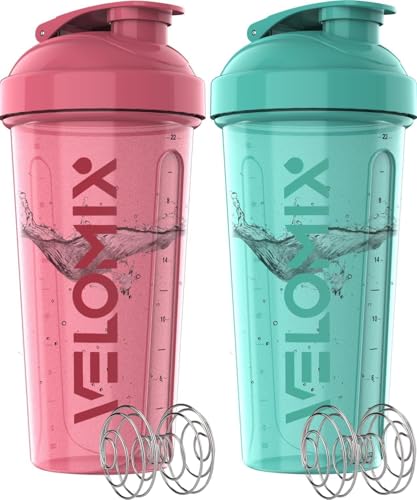 Image of VELOMIX 24 oz Stainless Steel Shaker Bottle with Wire Whisk - Leakproof, No Clumps, Odor Resistant Metal Shaker Bottle, Shaker Cups for Protein Shakes, Pre Workout and Smoothie (Pink-Turquoise)