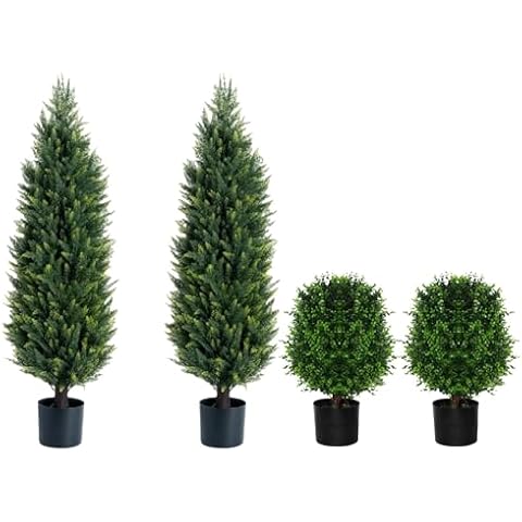 2 Pack Artificial Plants - 3.4ft UV Protected Cedar Tree & 21inches UV Resistant Small Artificial topiaries for Indoor/Outdoor Decor Cover