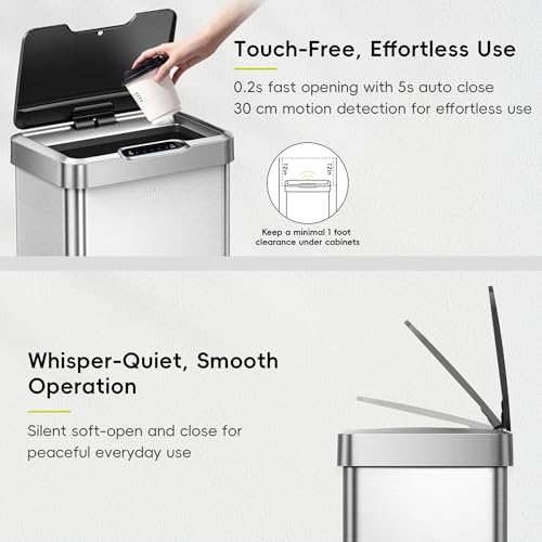 Image of EKO Mirage-T 50 Liter / 13.2 Gallon Touchless Rectangular Motion Sensor Trash Can or Recycling Bin, Brushed Stainless Steel Finish