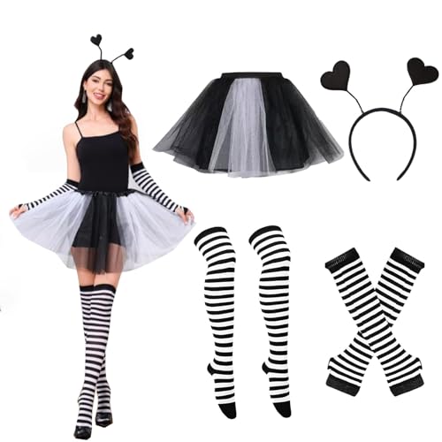 Ajuanbazha Disfraz de Abeja para Mujer, Disfraz de Abeja Incluye Diadema con Antenas, Falda de Tul, Guantes a Rayas y Medias, Ideal para Carnaval, Cosplay (Negro)
