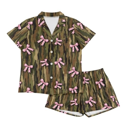 Image of Renewold Button Down Womens Pajama Set Short Sleeve Loungewear Bow Nightwear Sleepwear Night Suit Tops Shorts 2 Pieces