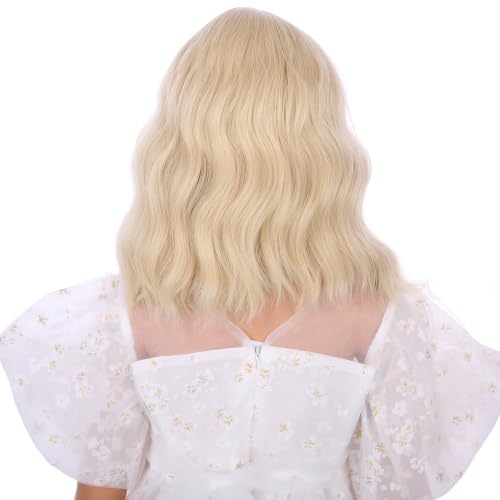 Image of Blonde Wig Short Light Blonde Wavy Curly Wigs with Air Bangs Heat Resistant Synthetic Wigs with Cap (Small Size)